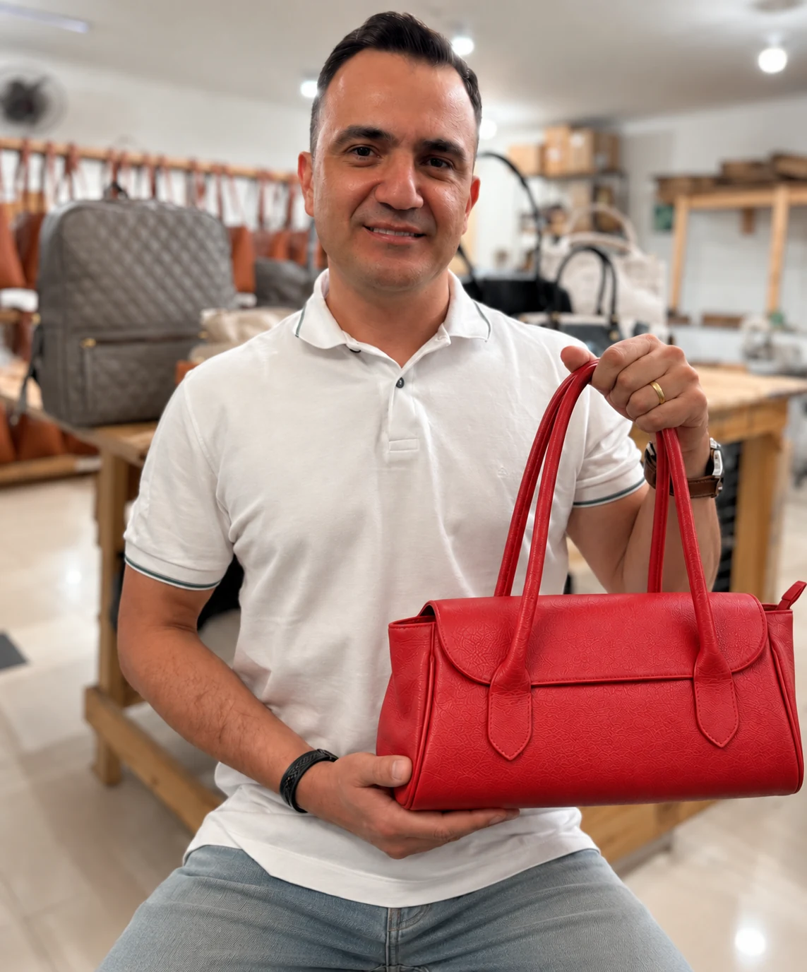 Marcos segurando a bolsa baguete vermelha no ateliê