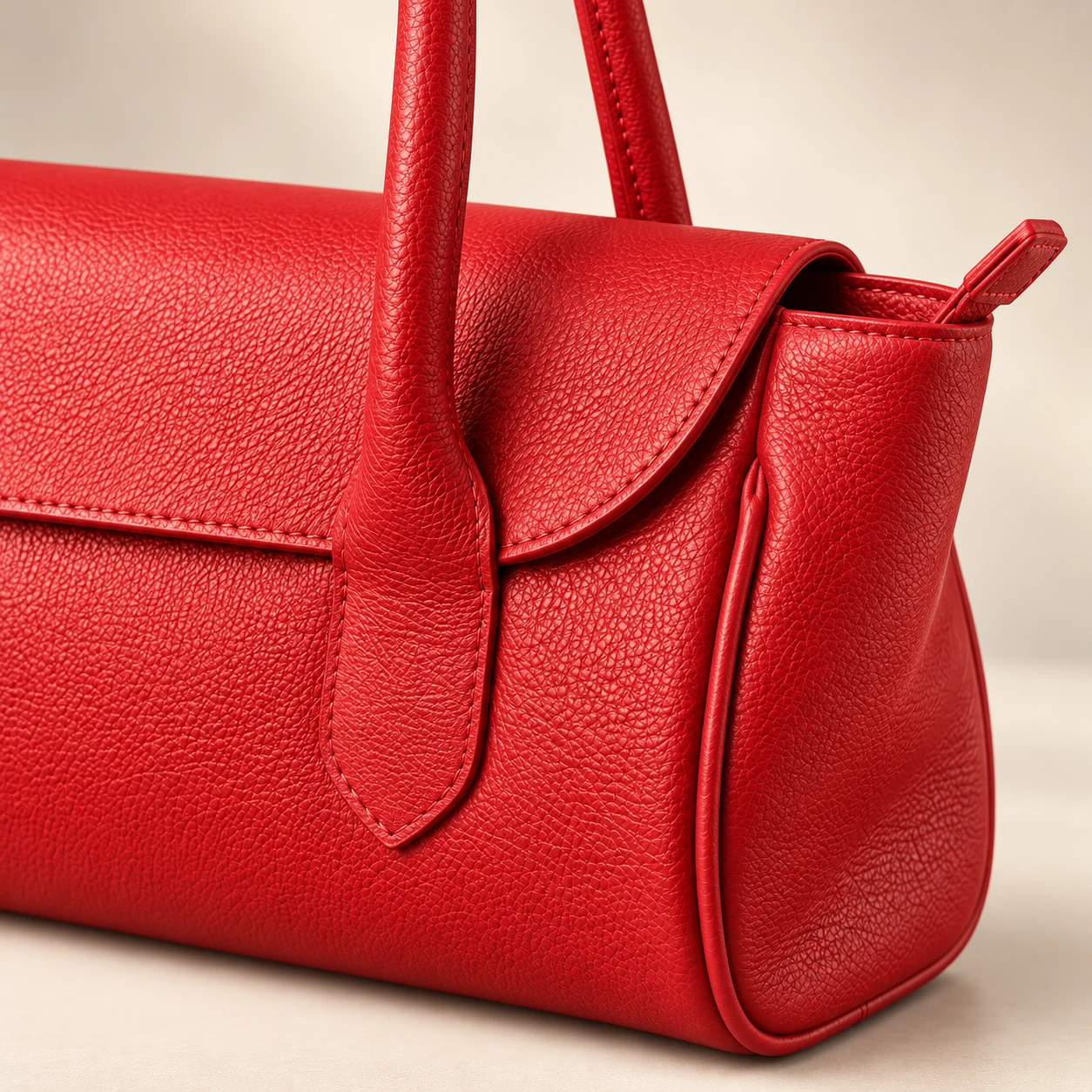Detalhe do fechamento, da tampa e do acabamento da bolsa baguete vermelha