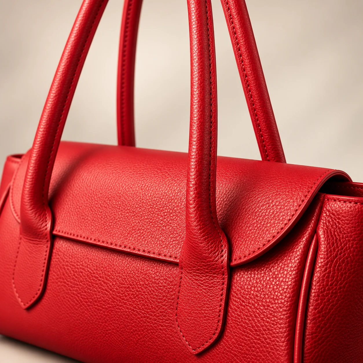 Detalhe das alças roliças e do acabamento da bolsa baguete vermelha