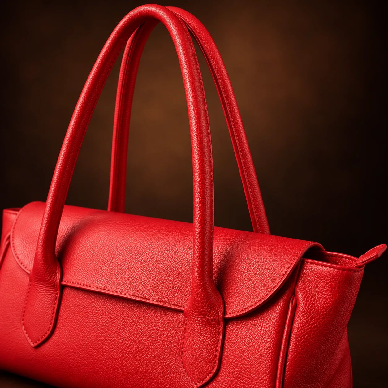 Detalhe da bolsa baguete vermelha e suas alças