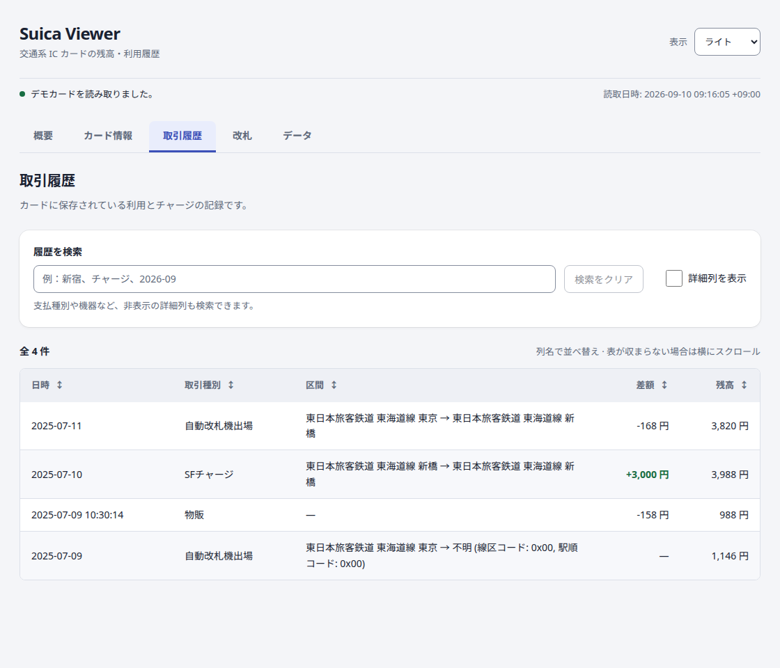 Transaction History tab with search and filter controls above the demo card's transaction table