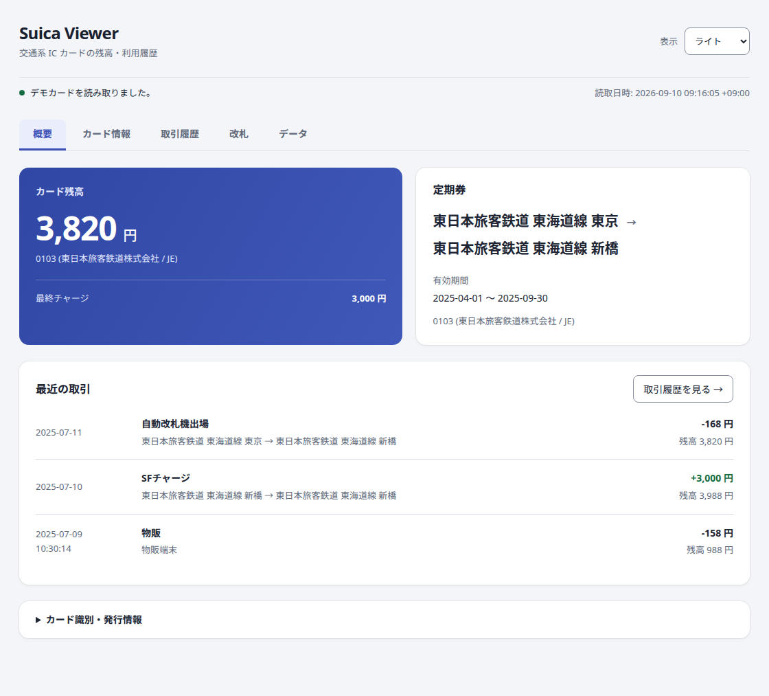 Overview tab in the Japanese interface, showing the demo card balance, commuter pass, and recent transactions