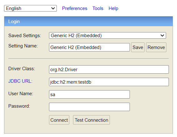 Tela de Login do H2 Database