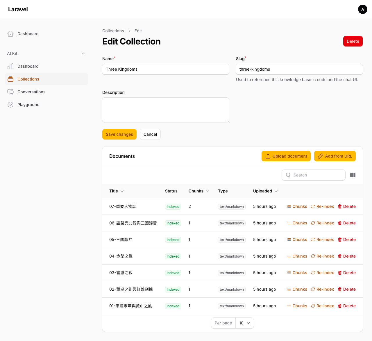 Collection edit page with inline documents relation manager