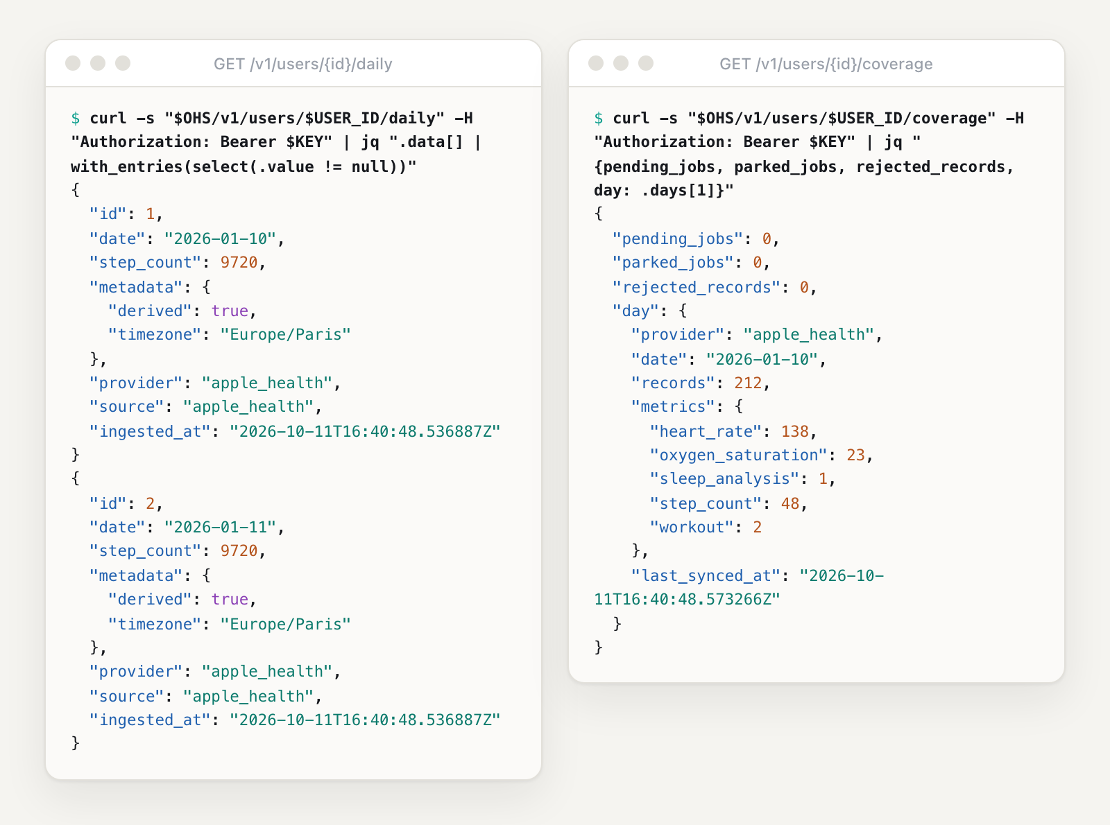 Left: /daily returns 9720 steps on 2026-01-10 and on 2026-01-11, derived, time zone Europe/Paris. Right: /coverage shows 0 pending, 0 parked and 0 rejected, and 212 records on 2026-01-10.