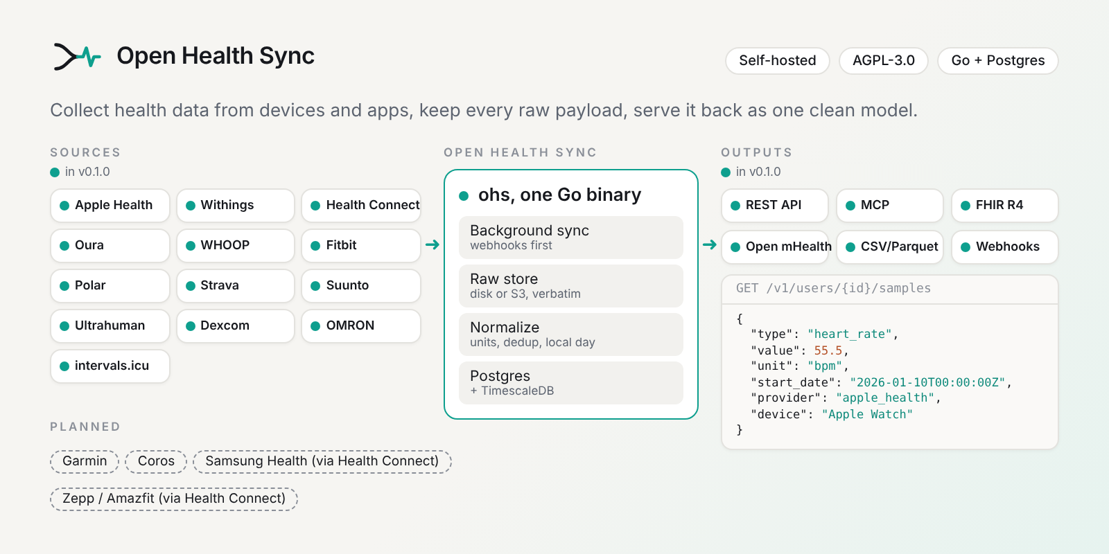Open Health Sync: thirteen sources flow into one Go binary (background sync, raw store, normalize, Postgres). All thirteen are in v0.1.0: Apple Health, Withings, Health Connect, Oura, WHOOP, Fitbit, Polar, Strava, Suunto, Ultrahuman, Dexcom, OMRON and intervals.icu. Outputs, all in v0.1.0: REST API, read-only MCP, FHIR R4, Open mHealth, CSV/Parquet exports and outgoing webhooks. Garmin, Coros and Samsung Health via Health Connect are planned. The JSON shown is a real heart rate sample read back from the API.