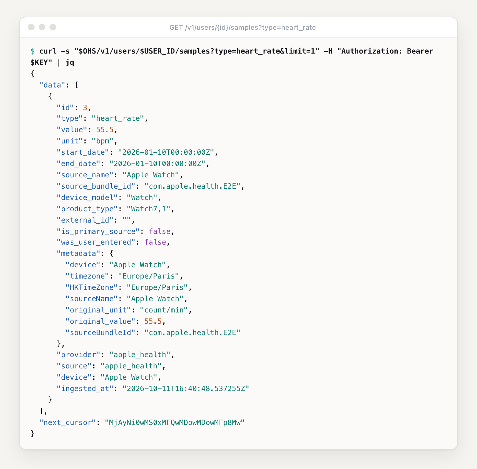 curl of /v1/users/{id}/samples?type=heart_rate&limit=1 piped to jq: one heart_rate sample of 55.5 bpm from an Apple Watch, with its metadata and provenance.