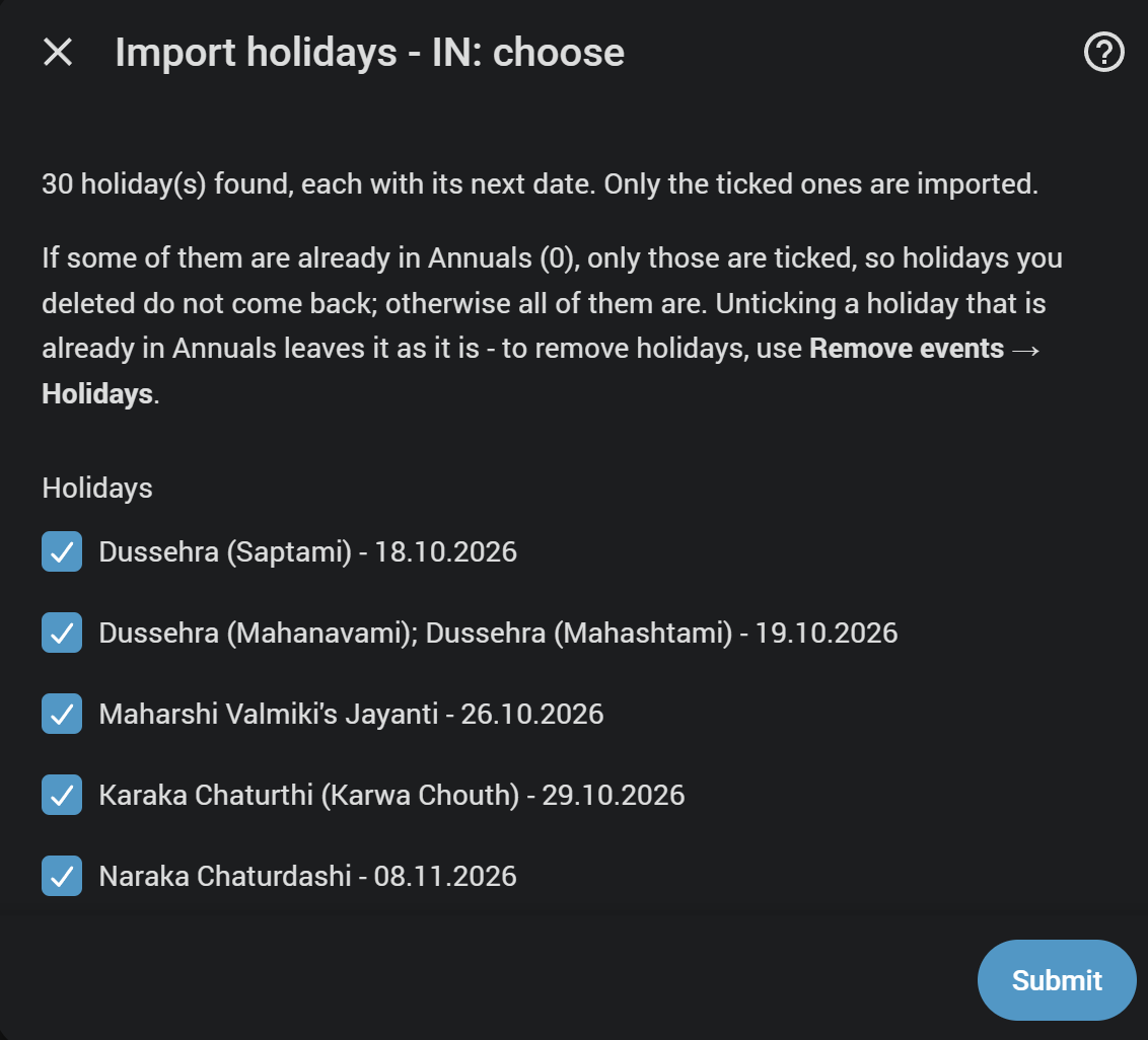The new third step of the holiday import: every holiday with its next date, each with a checkbox
