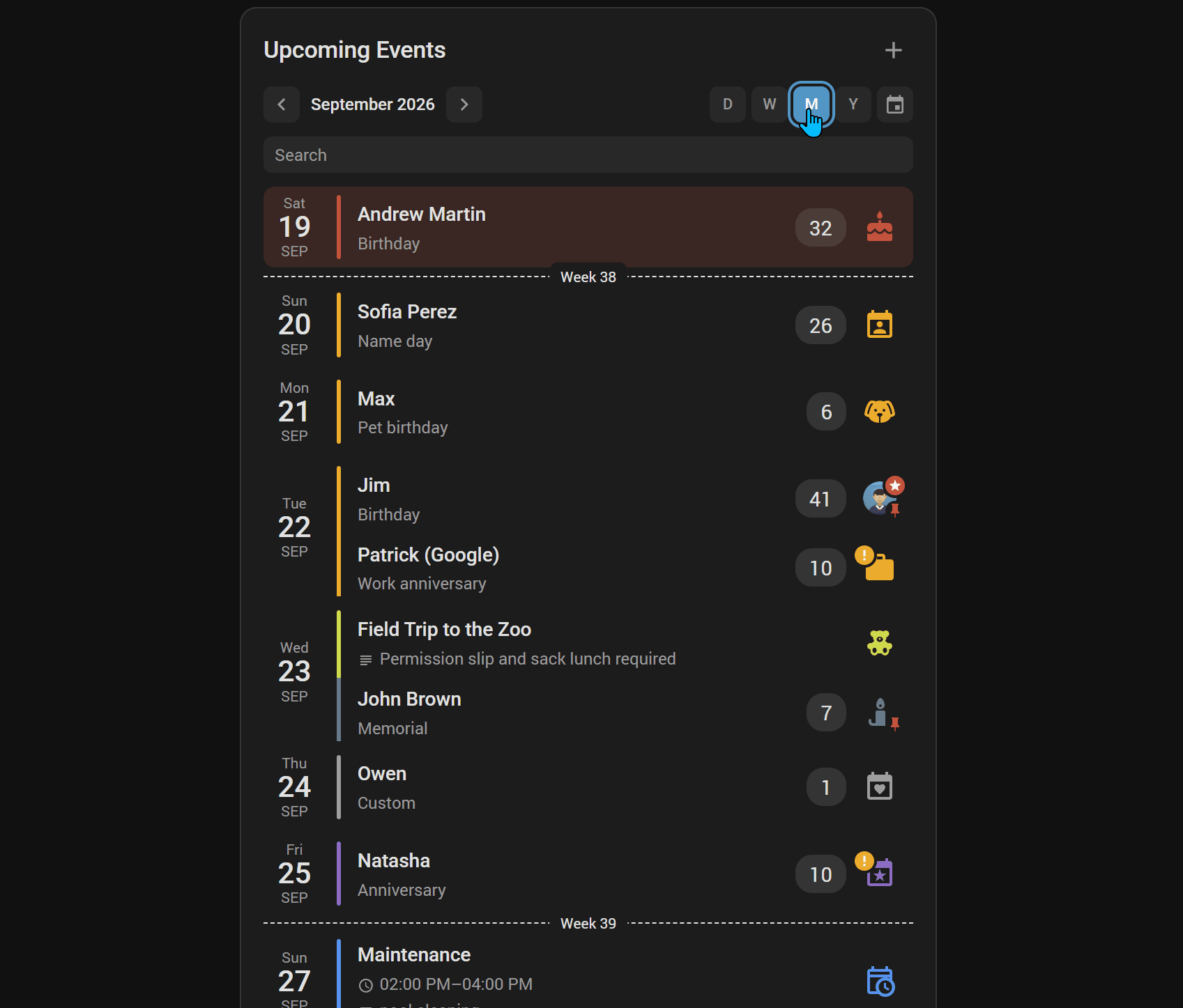 The bar in use: stepping through a month, switching to week and to year, picking a date from the browser's own calendar, then a search narrowing the list to one event