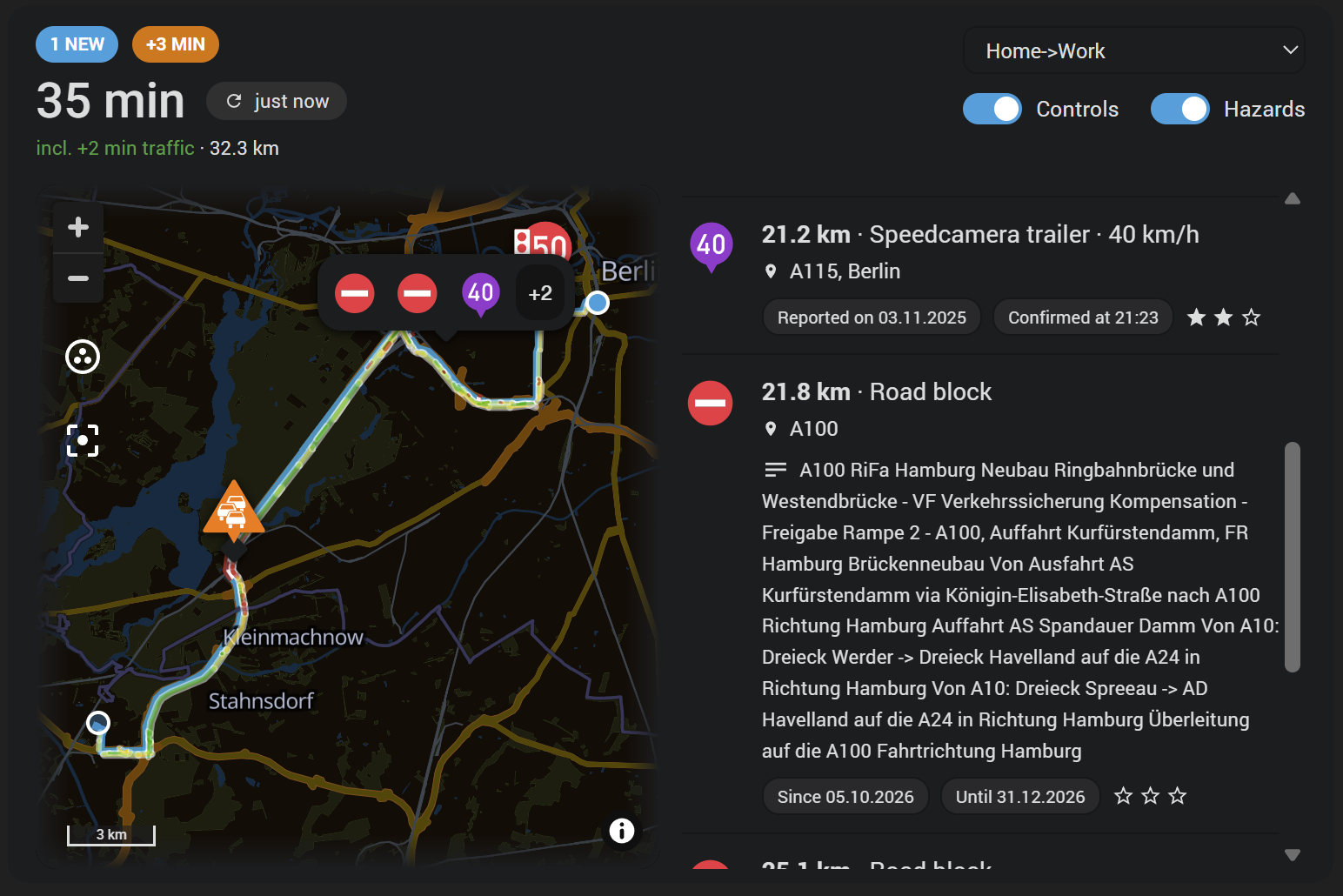 The card on a live TomTom route from Potsdam to Berlin: the travel time of 35 minutes large under the badges, the line under it reading incl. +2 min traffic and 32.3 km, the route drawn on the map with the traffic flow coloured along it, the Controls and Hazards switches, and the list with a speed camera trailer and an official closure