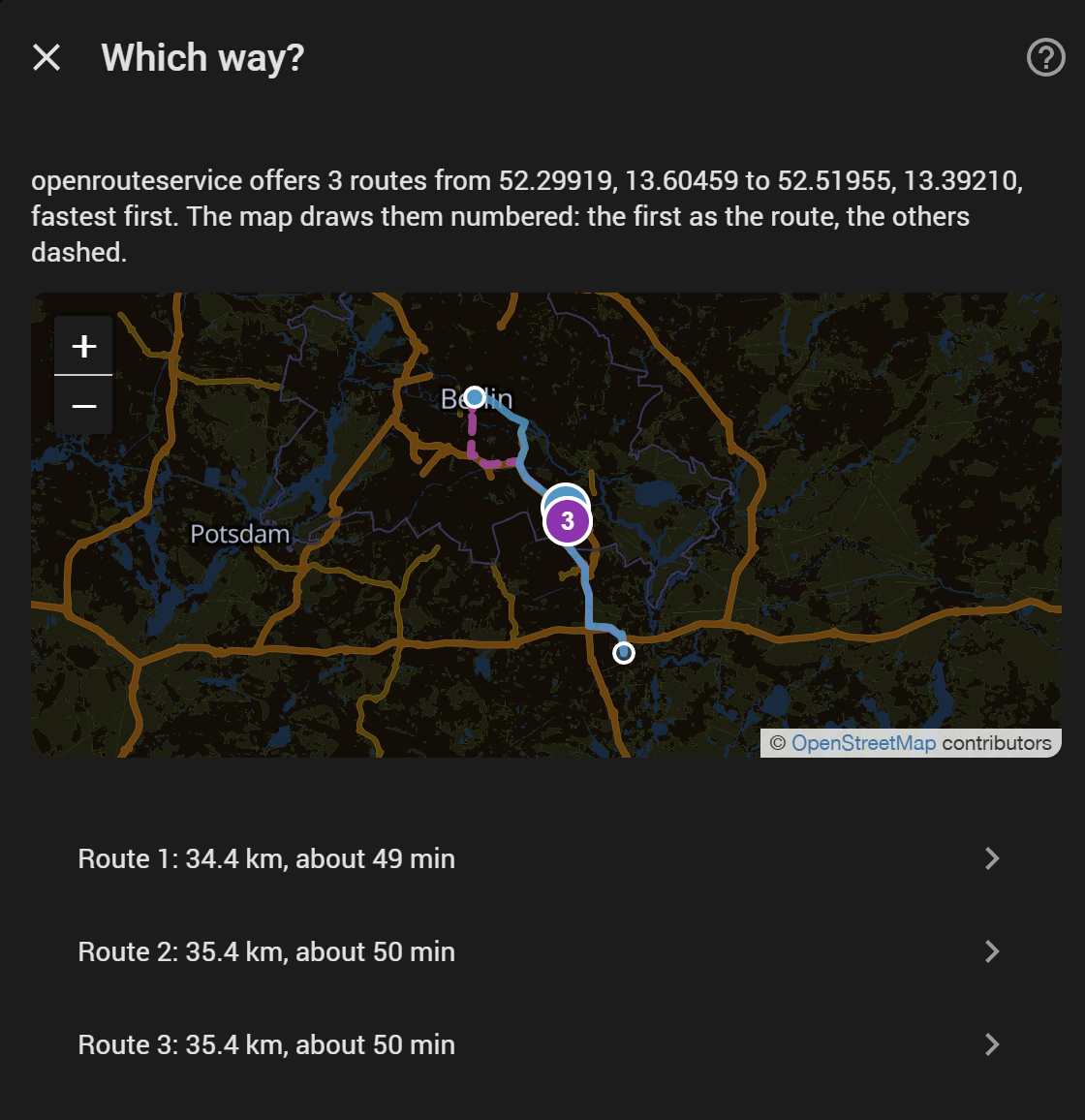 Three routes from openrouteservice on the setup's own map, fastest first, the first drawn as the route and the others dashed
