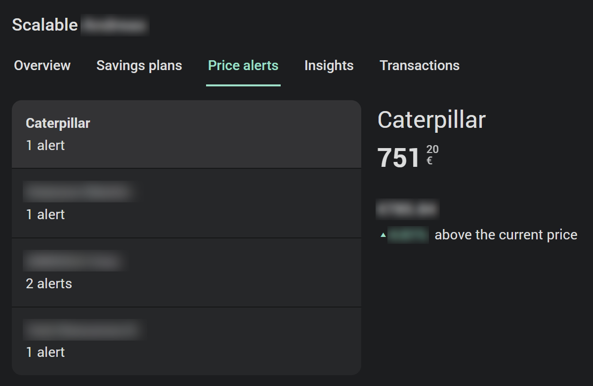 The Price alerts tab: four securities with their number of alerts on the left, and on the right Caterpillar's price with its alert and how far above the current price it is