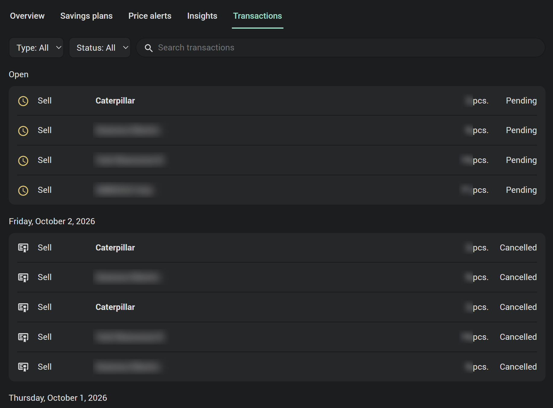 The Transactions tab: the type and status filters and the search field, four pending sell orders under Open, and the cancelled orders of one day below