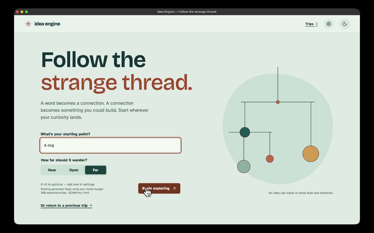 Idea Engine demo: start with a seed and turn an idea into a concept card