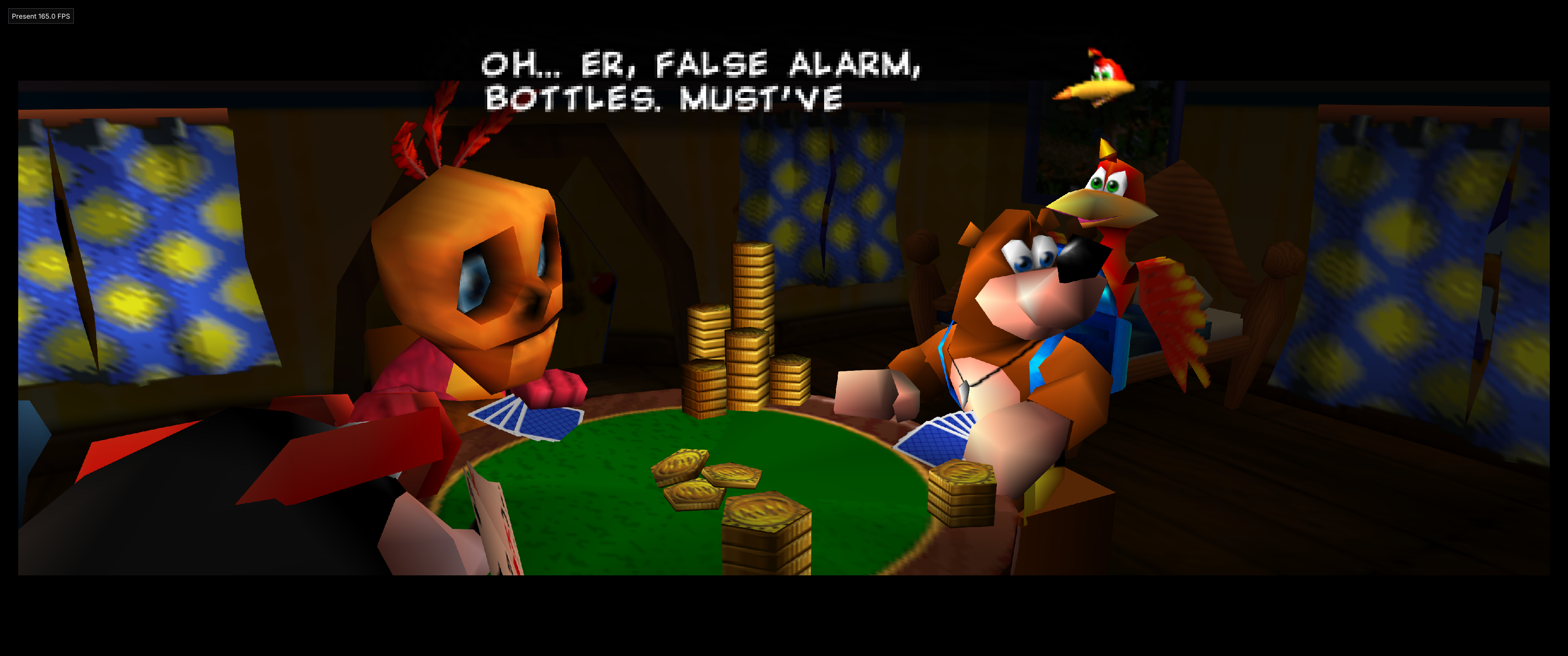 Banjo-Tooie Recompiled mostrando Banjo, Kazooie e Mumbo na cena inicial