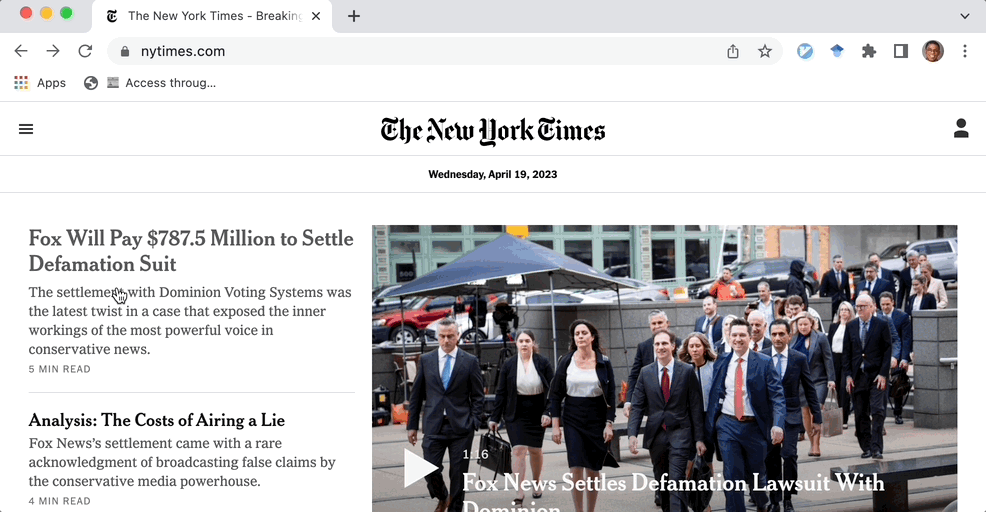 An animation of a user clicking the bookmark while on a New York Times page