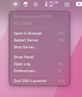 DSH Launcher menu open in the macOS menu bar, showing server status and actions