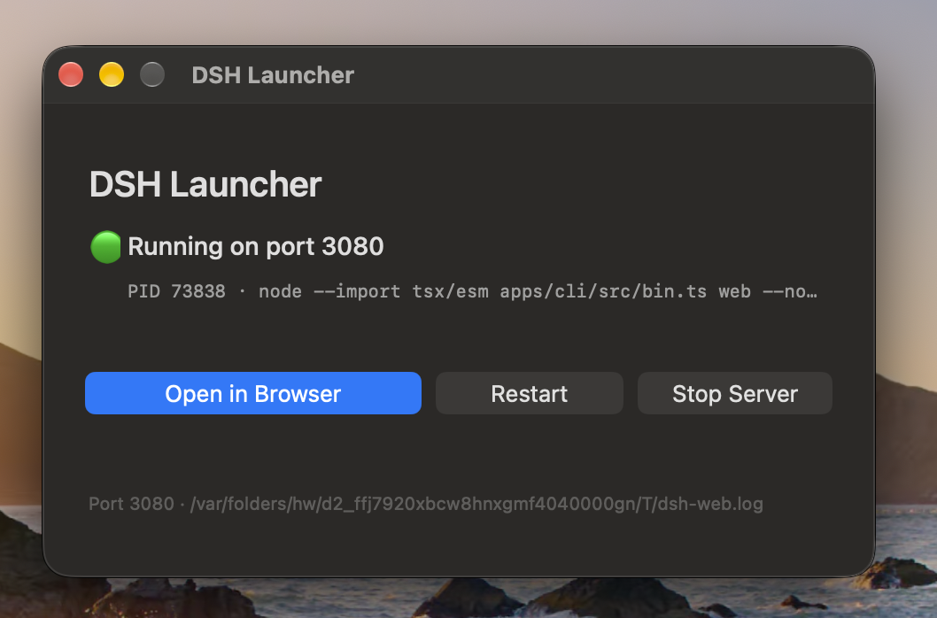 The DSH Launcher panel showing a running server, its PID and command, and buttons to open, restart, or stop it
