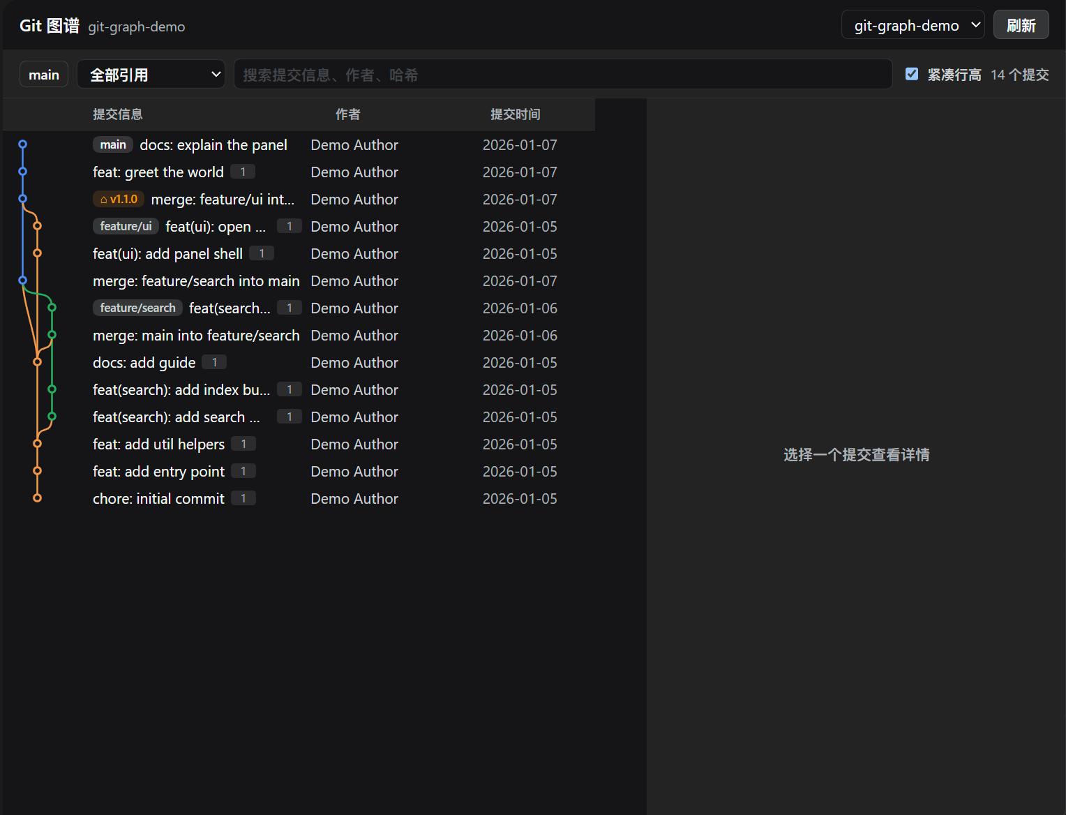 The Git Graph panel