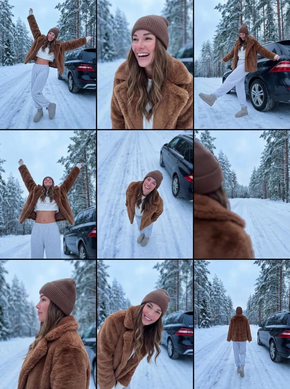 Lưới ảnh 3x3 thiếu nữ trong rừng mùa đông