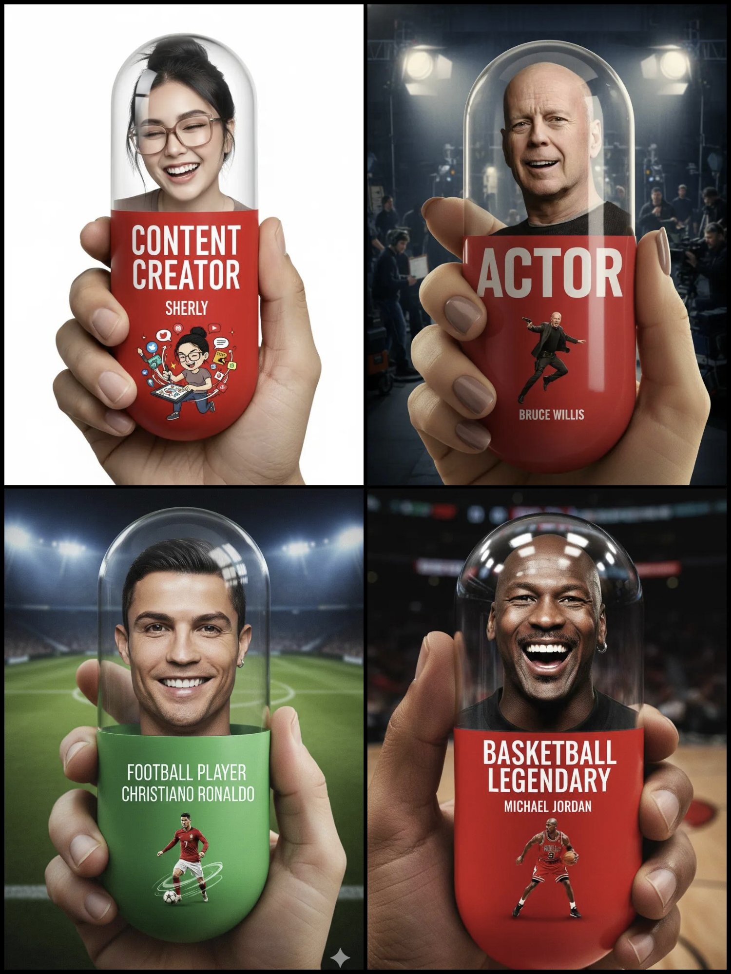 Bàn tay cầm viên thuốc đứng khổng lồ