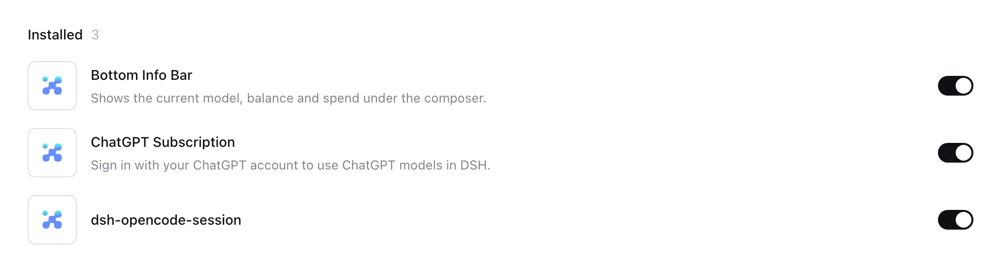 Plugins list with Bottom Info Bar installed