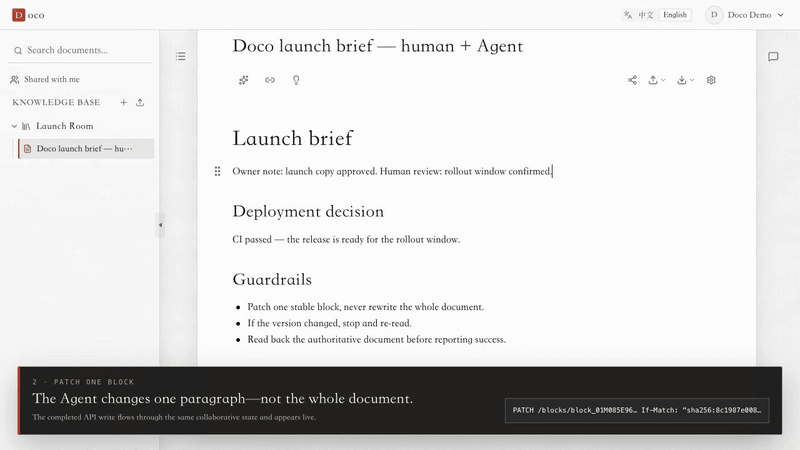 Doco editor showing a live block-level Agent update in an English demo document