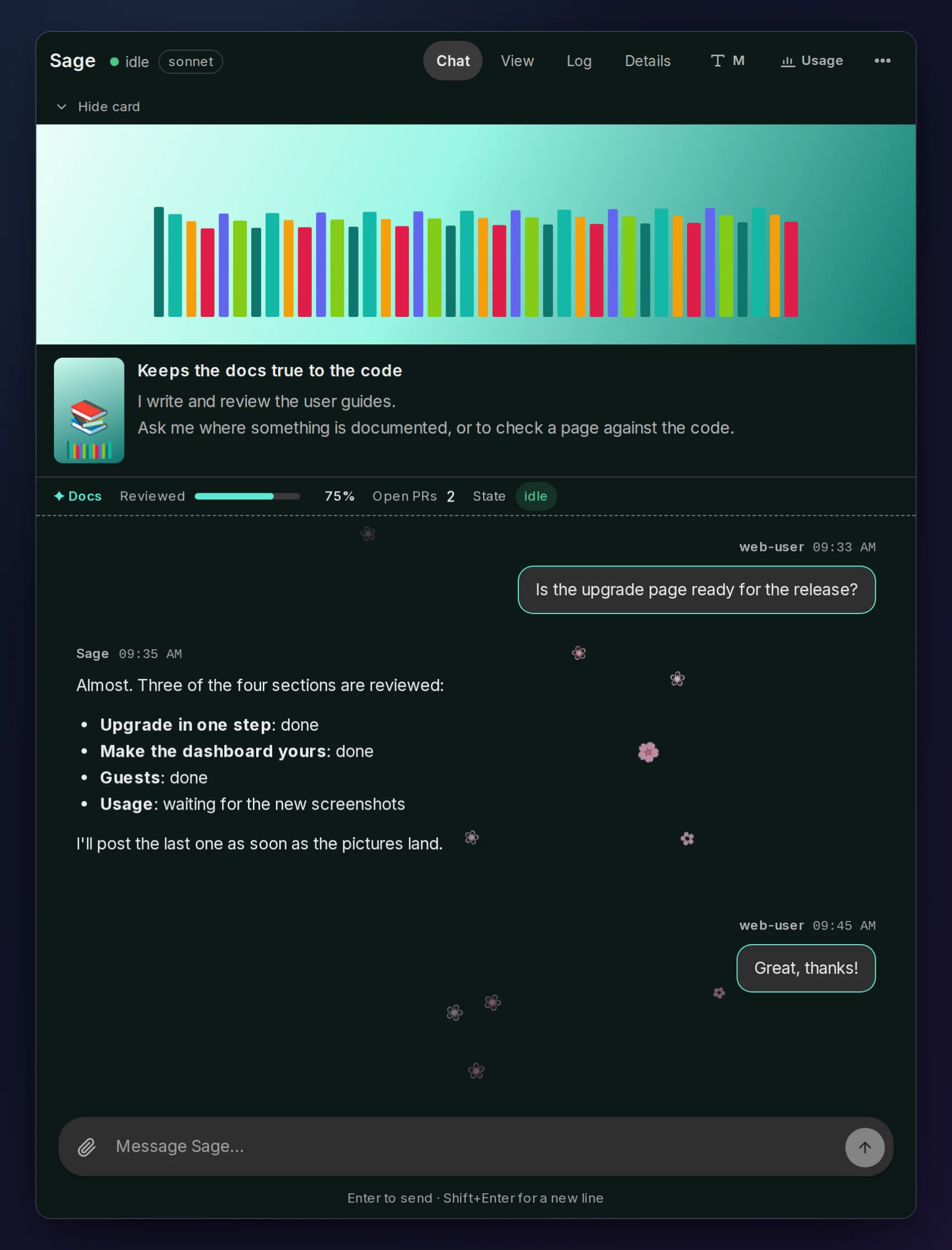 The agent Sage's chat in its own look: a teal theme with outlined bubbles, its identity card open with a banner of book spines, a portrait and a two-line bio, a Docs widget under the header showing 75% reviewed and 2 open pull requests, and pink petals falling behind the messages. Made-up demo data.