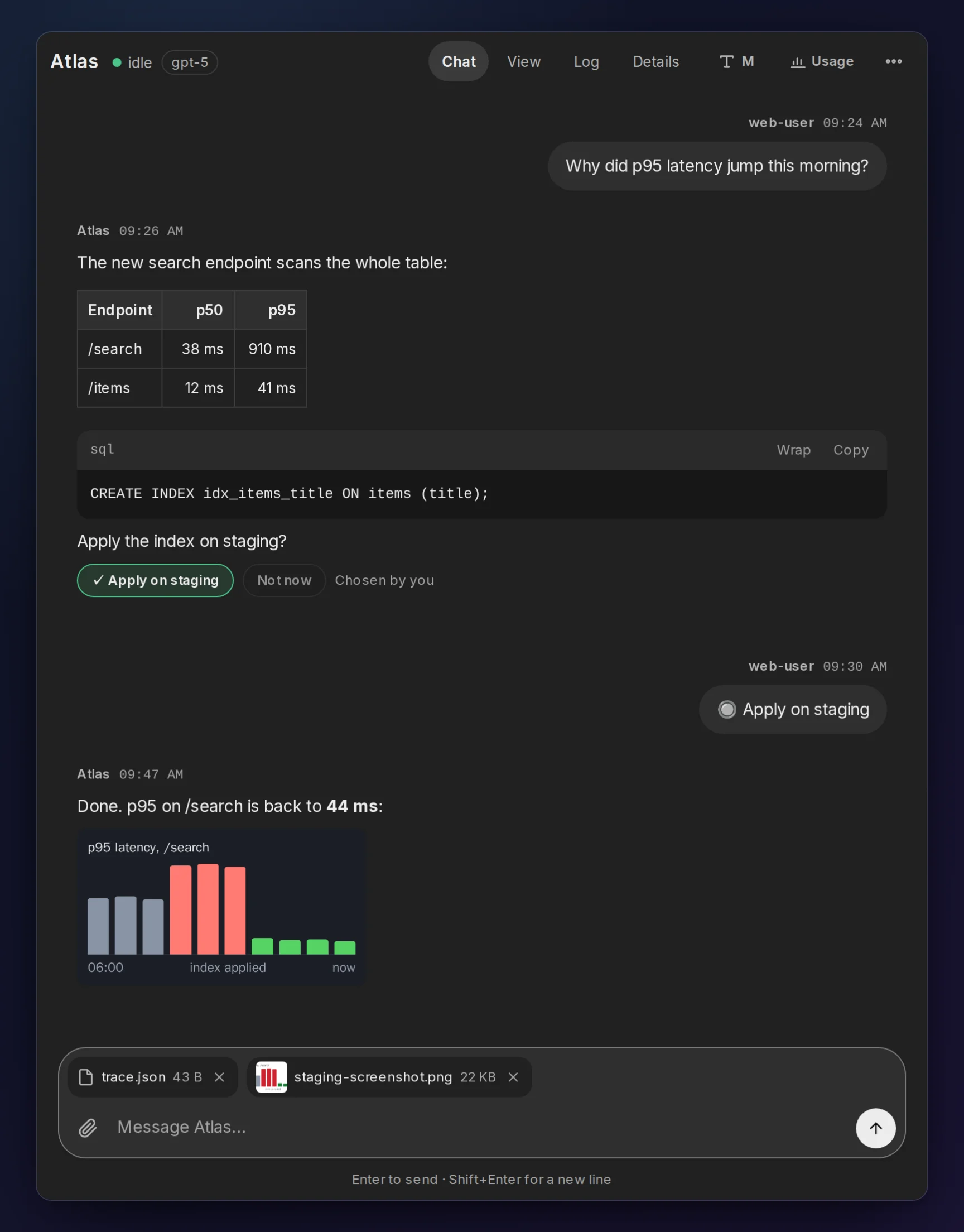 The web chat with the agent Atlas: a table of endpoint latencies, an SQL code block, a chosen “Apply on staging” reply button, the latency chart the agent sent, and two files waiting above the message box. Made-up demo data.
