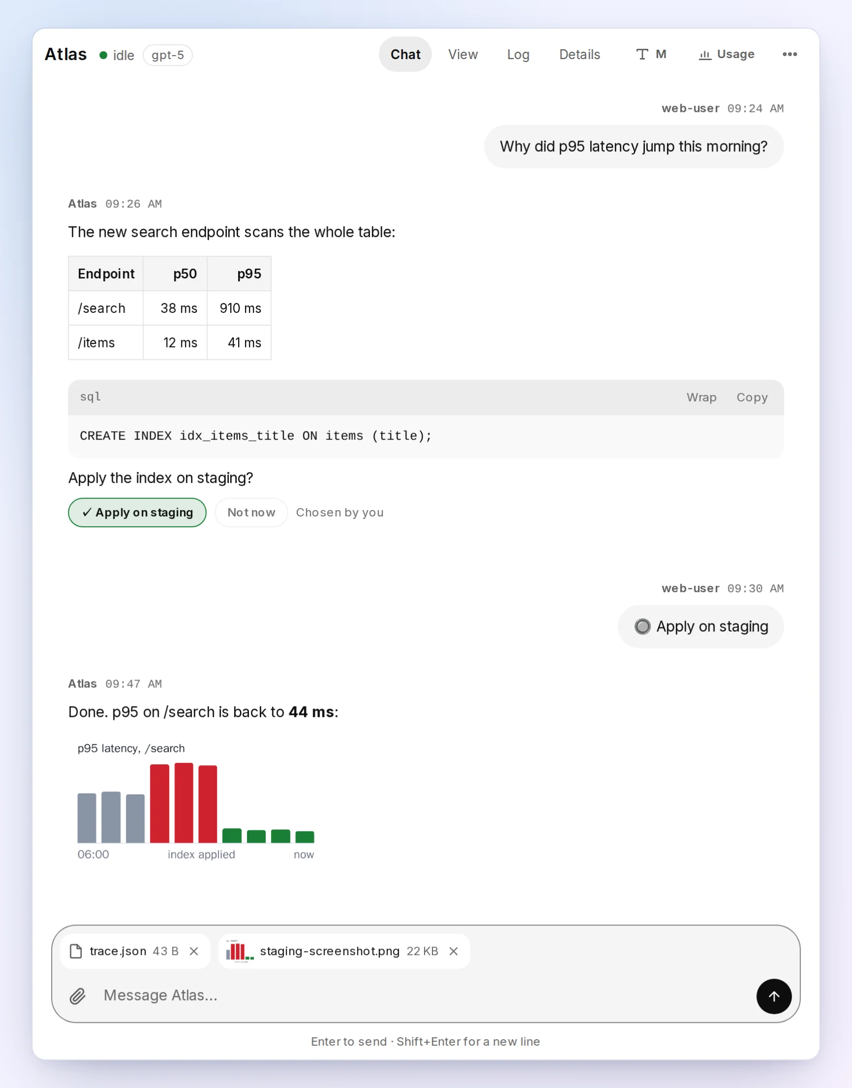 The web chat with the agent Atlas: a table of endpoint latencies, an SQL code block, a chosen “Apply on staging” reply button, the latency chart the agent sent, and two files waiting above the message box. Made-up demo data.