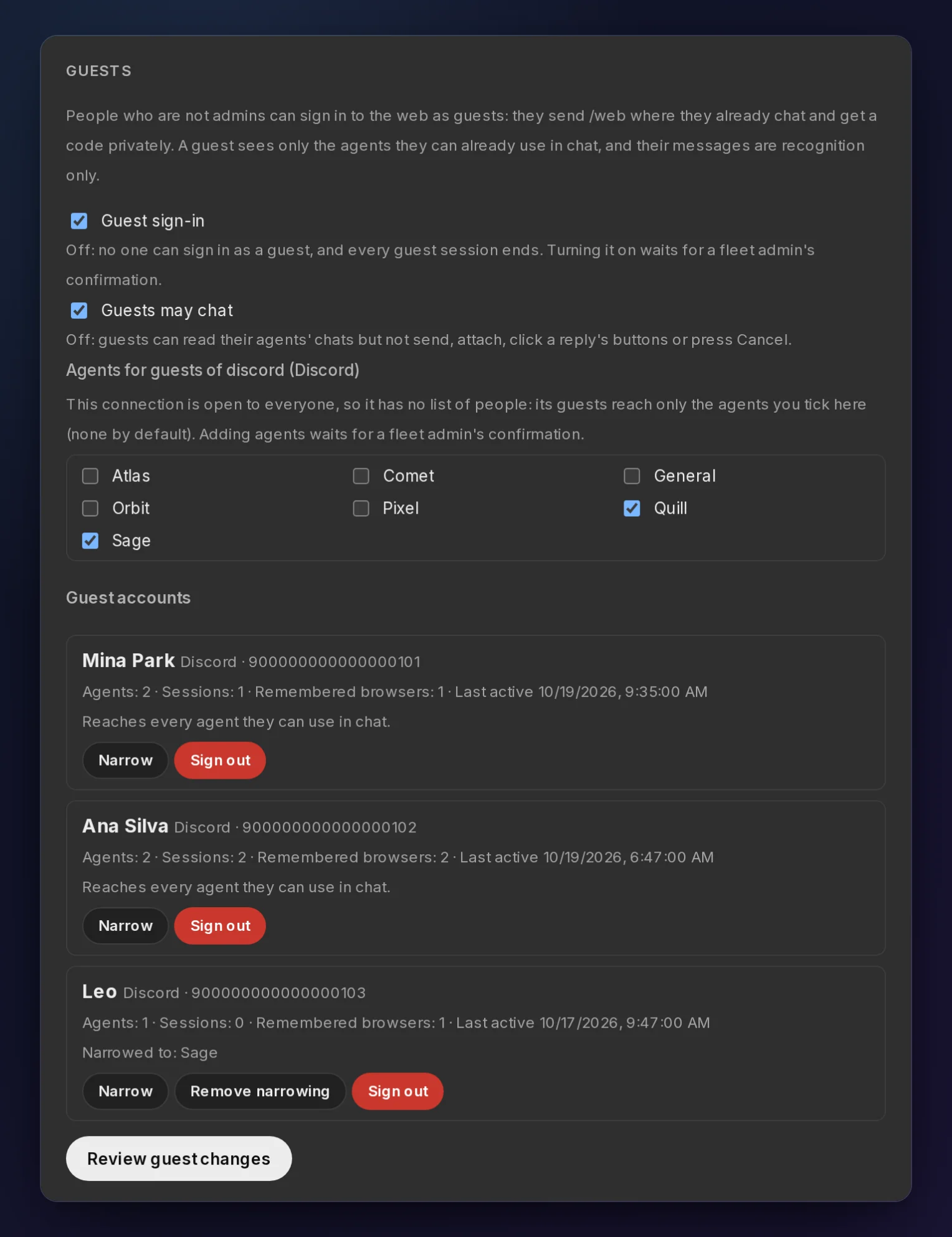 Settings → Web → Guests: guest sign-in and guest chat turned on, Sage and Quill ticked as the agents an open Discord server's guests may reach, and three guest accounts, Mina Park, Ana Silva and Leo, each with its agents, sessions and last activity, Leo narrowed to Sage. Made-up demo data.