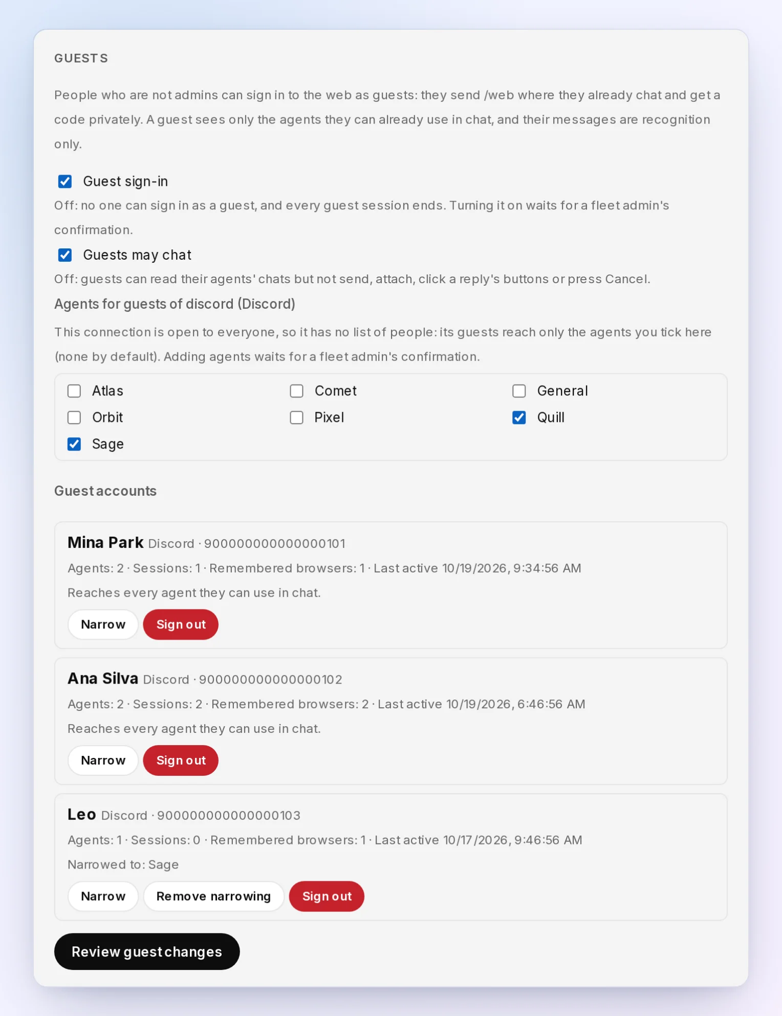 Settings → Web → Guests: guest sign-in and guest chat turned on, Sage and Quill ticked as the agents an open Discord server's guests may reach, and three guest accounts, Mina Park, Ana Silva and Leo, each with its agents, sessions and last activity, Leo narrowed to Sage. Made-up demo data.