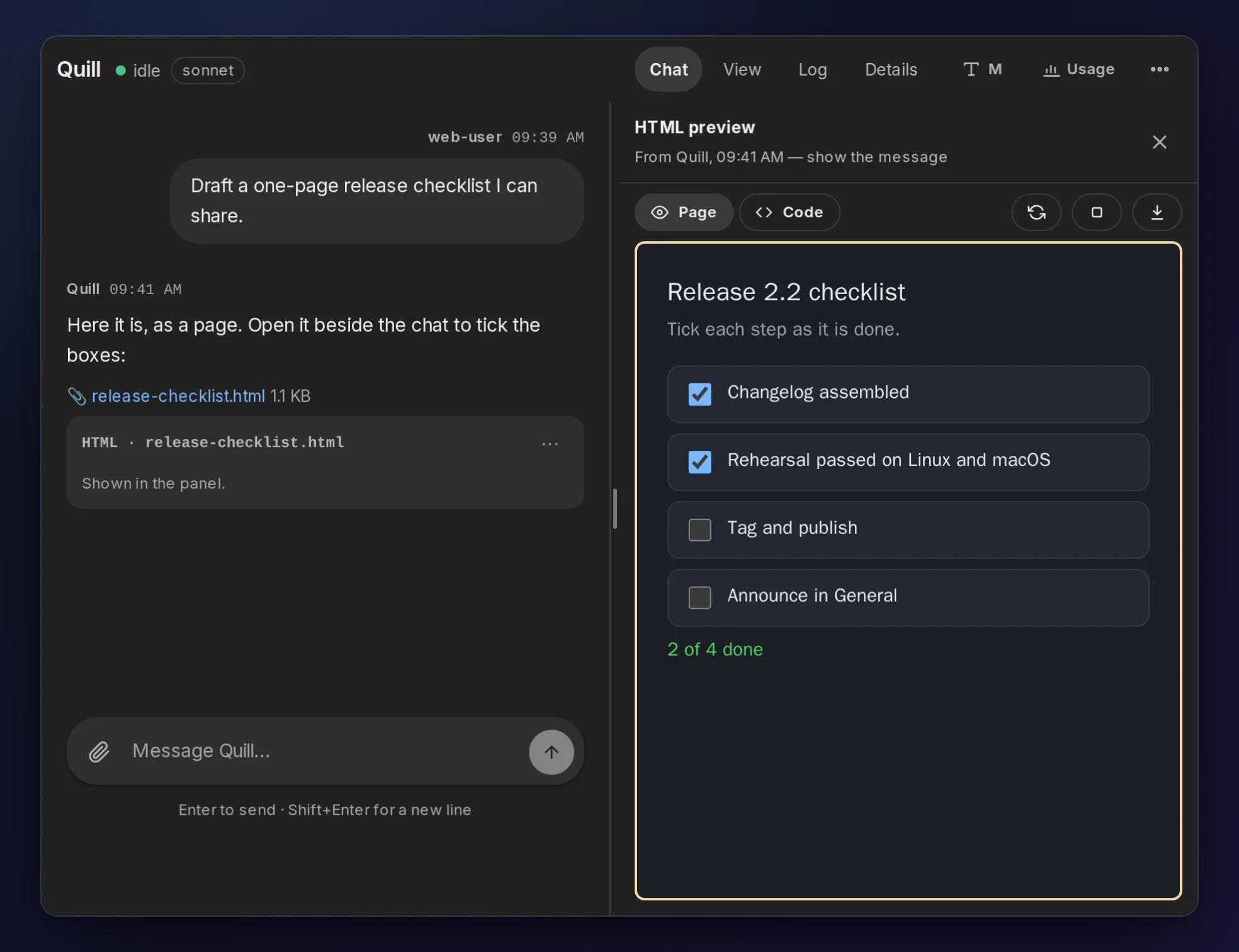An HTML page the agent Quill sent, open in the preview panel beside the chat: a release checklist with two of four steps ticked. Made-up demo data.