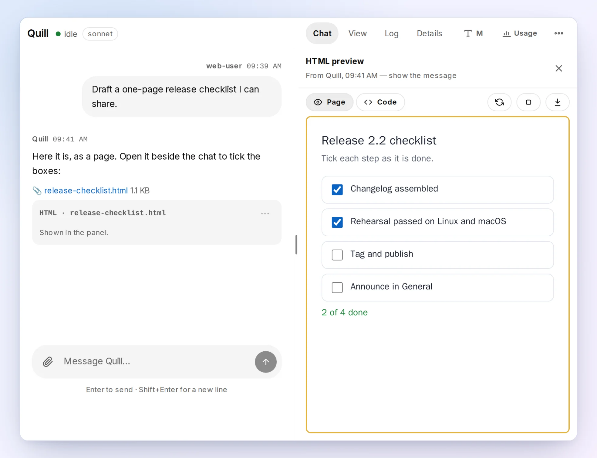An HTML page the agent Quill sent, open in the preview panel beside the chat: a release checklist with two of four steps ticked. Made-up demo data.