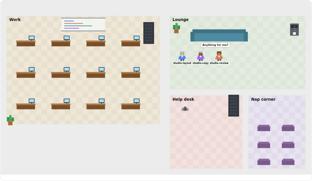 The Office view, with made-up demo data: a pixel-art office with rooms called Work, Lounge, Help desk and Nap corner; the desks are free and three demo agents wait in the Lounge.