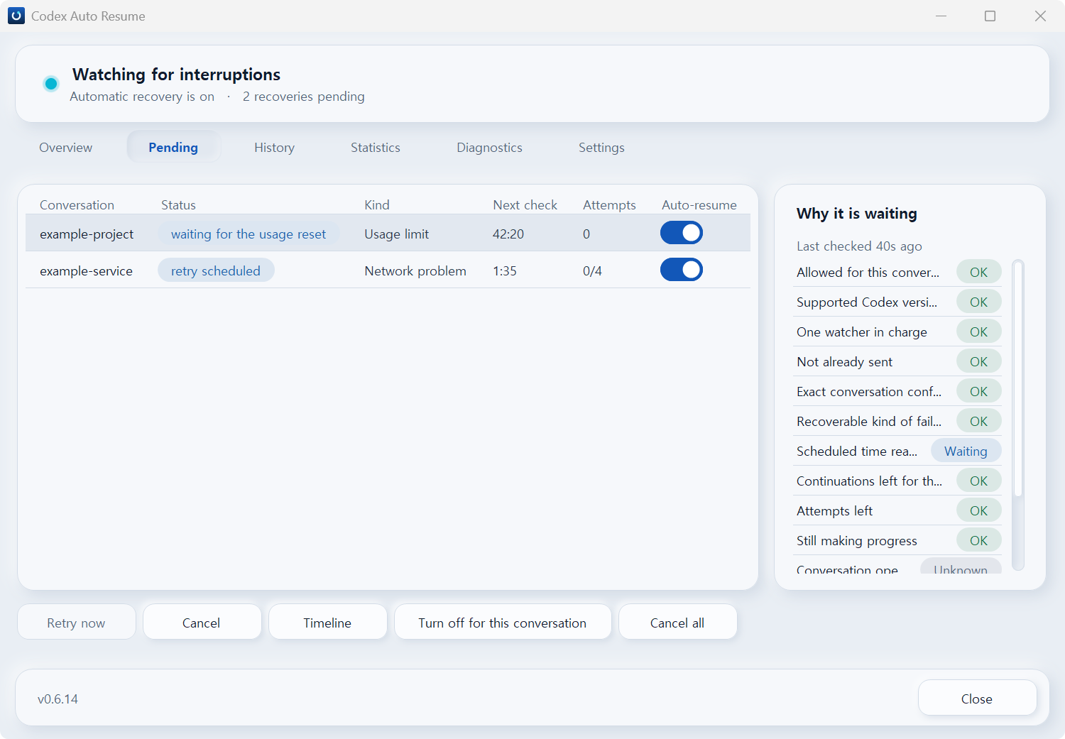 The Pending page of the Dashboard: two conversations waiting, one for the usage reset and one with a retry scheduled, each with a state chip and an Auto-resume switch, the Why it is waiting checklist for the selected task, and Retry now, Cancel, Timeline, Turn off for this conversation and Cancel all buttons