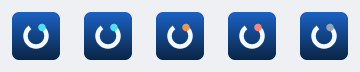 The notification-area icon's motion, drawn from the icon's own frames, on a light taskbar. From the left: watching, whose bright head breathes and then sweeps clockwise along the ring's white stroke and back, at full brightness; recovering, sweeping out and back all the time; needing attention, amber, breathing slowly in its place; failed, red, sweeping out and back twice as quickly as recovering and blinking as it goes; paused, grey and still