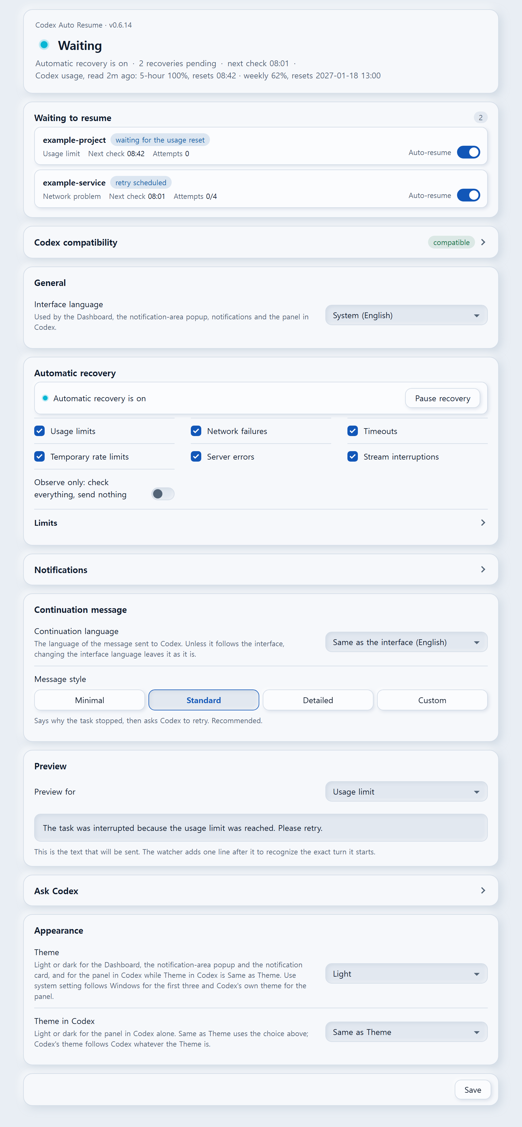 The Codex Auto Resume panel: a status card saying two recoveries are waiting, the two waiting conversations each with an Auto-resume switch, the interface language, the recovered failure categories, Limits and Notifications folded away, the continuation language and message style, and a Preview of the Standard message for a usage limit