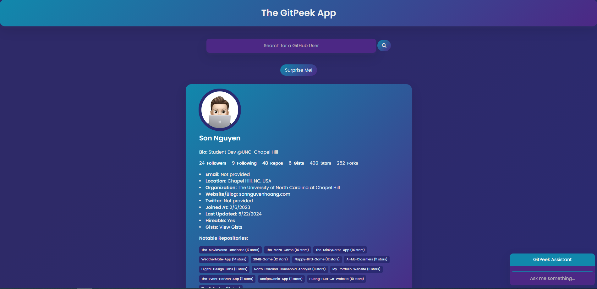 The GitPeek App Interface