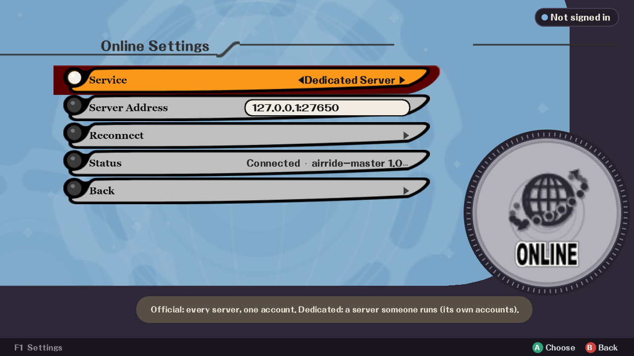 Online Settings: choosing a dedicated server