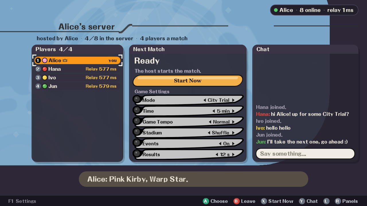 A lobby: players, the next match's settings, chat