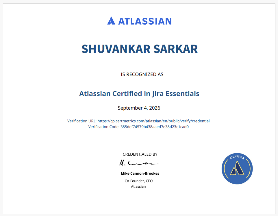 Atlassian Certified Jira Essential certificate.