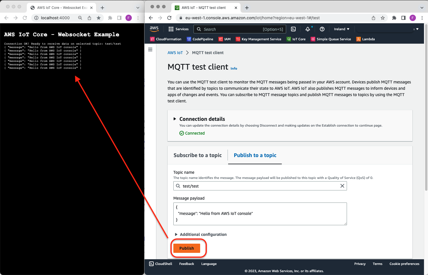 Screenshot 3 - Sending messages to AWS IoT Core and receiving them on the browser in real-time