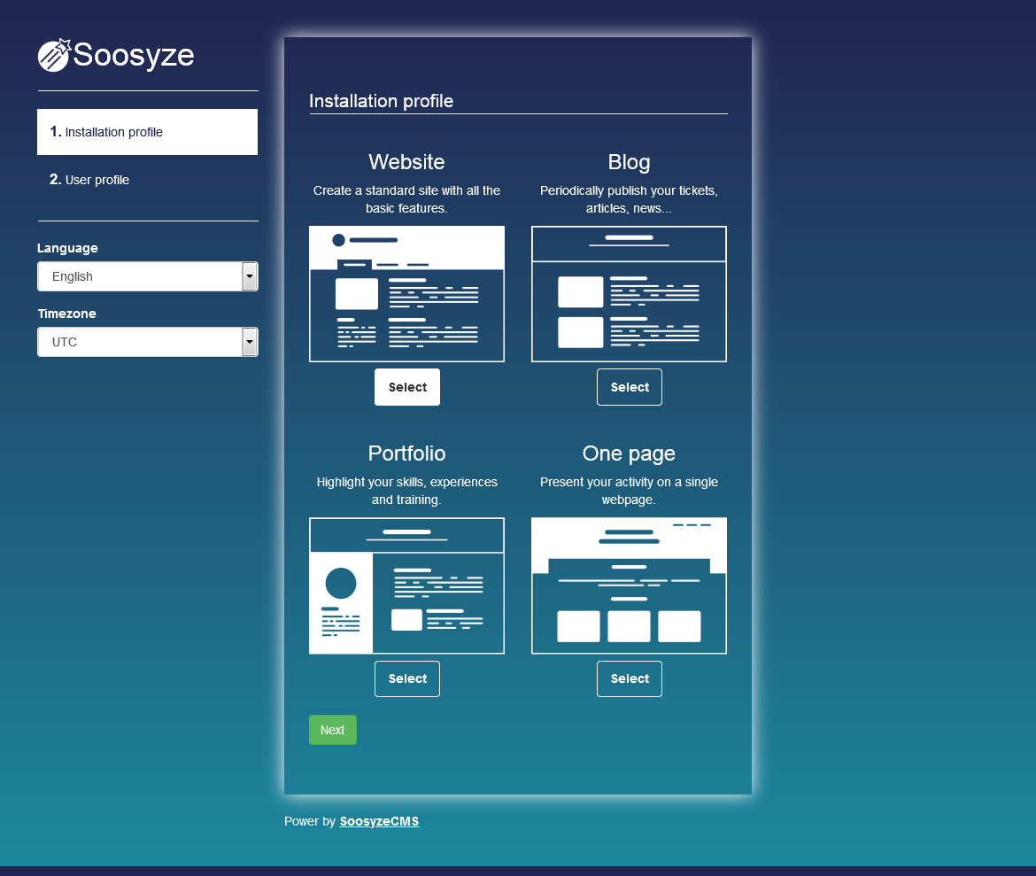 Screenshot de la page d'installation de Soosyze CMS