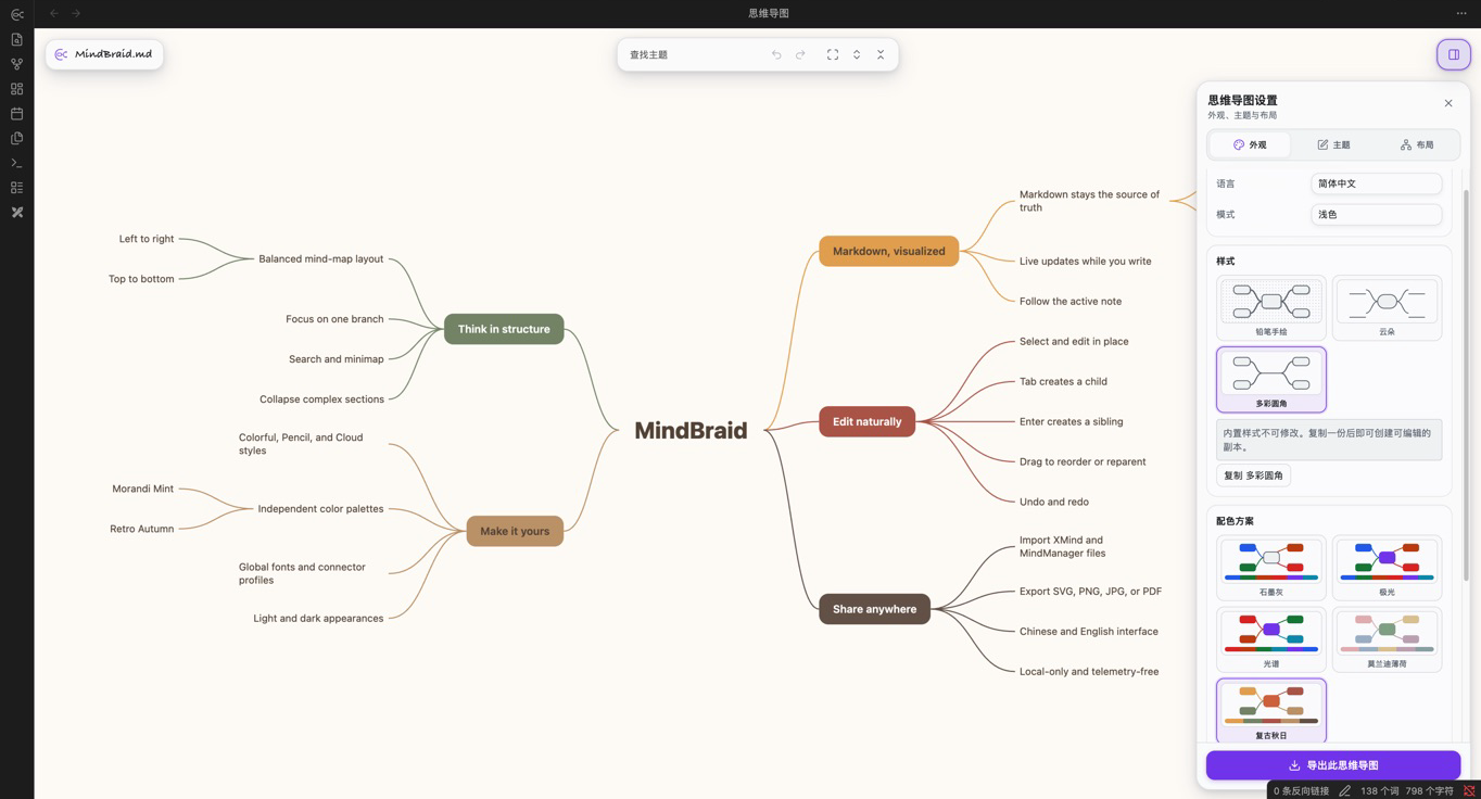 Independent style and palette controls in the MindBraid sidebar