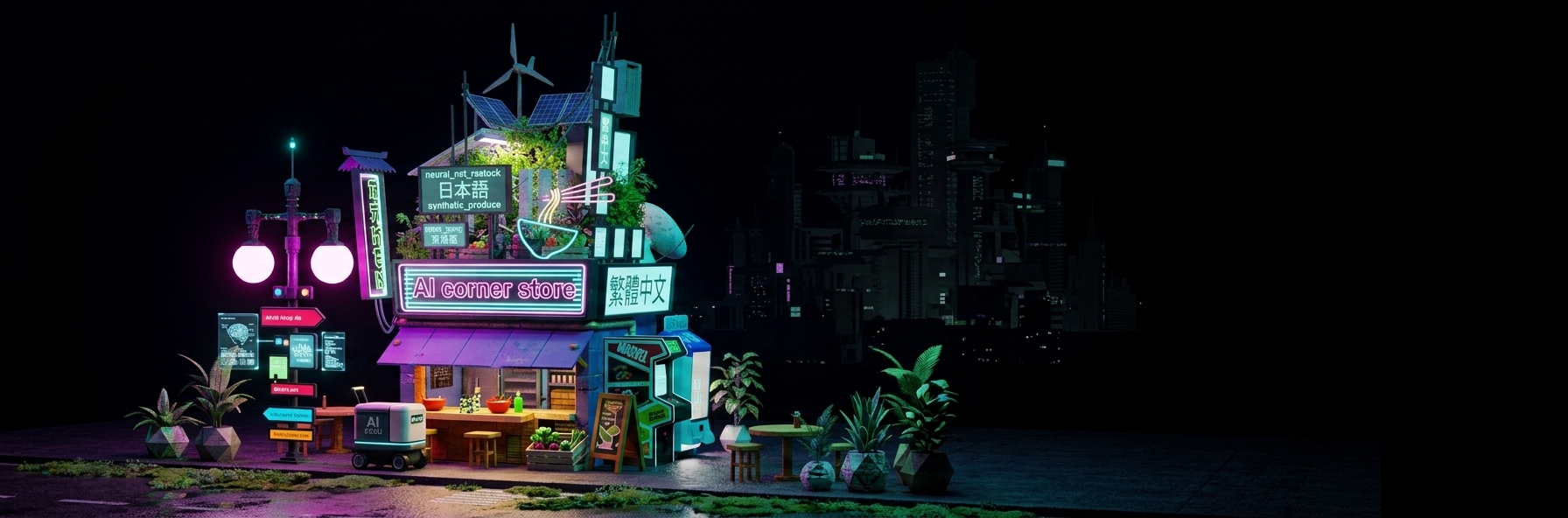 AI Corner Store — a neon cyberpunk night storefront