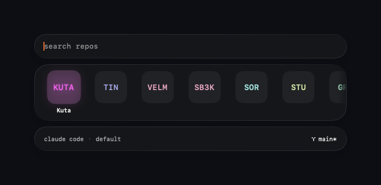 Tintpad: a floating glass strip of repo tiles over a terminal, with a launch line reading claude code, default, on branch main
