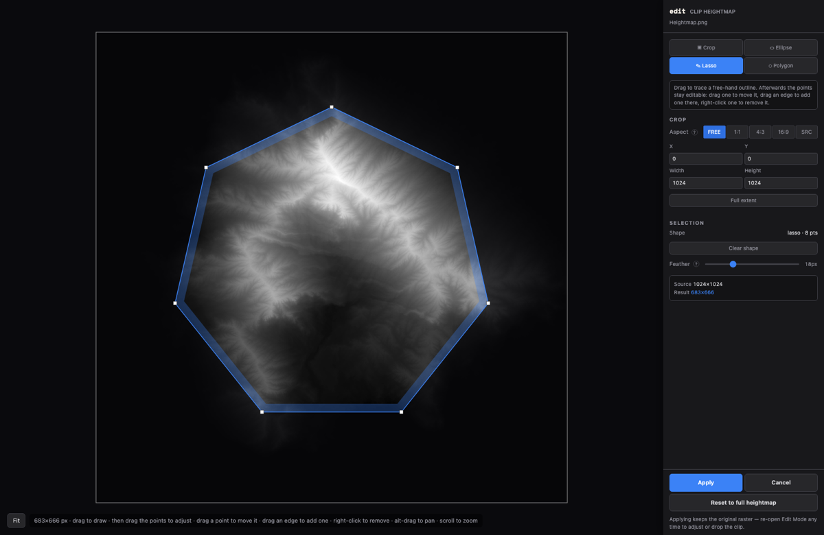 Edit Mode: a lasso selection with editable points and a feathered edge over the heightmap