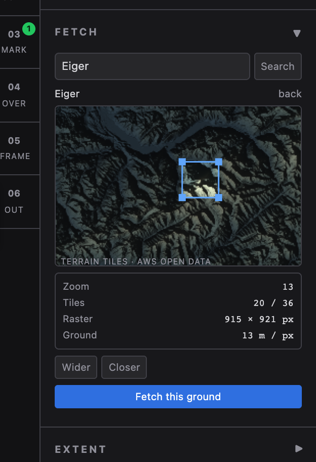 The Fetch section: a shaded-relief map of the Eiger with a draggable selection box, above a readout of zoom 13, 20 of 36 tiles, a 915 by 921 pixel raster and 13 metres per pixel