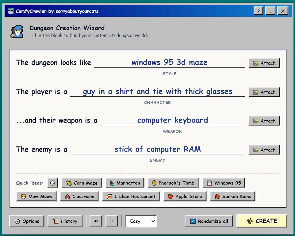 The Dungeon Creation Wizard with four filled-in blanks, an Attach button on each, quick-idea buttons and a difficulty picker